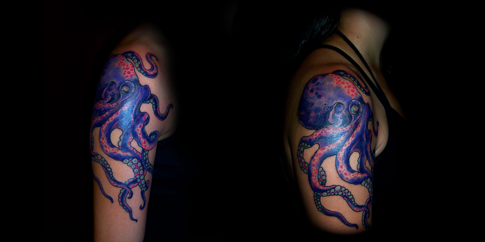 purple octopus on shoulder tattoo by modzilla tattoo studio chaing mai thailand